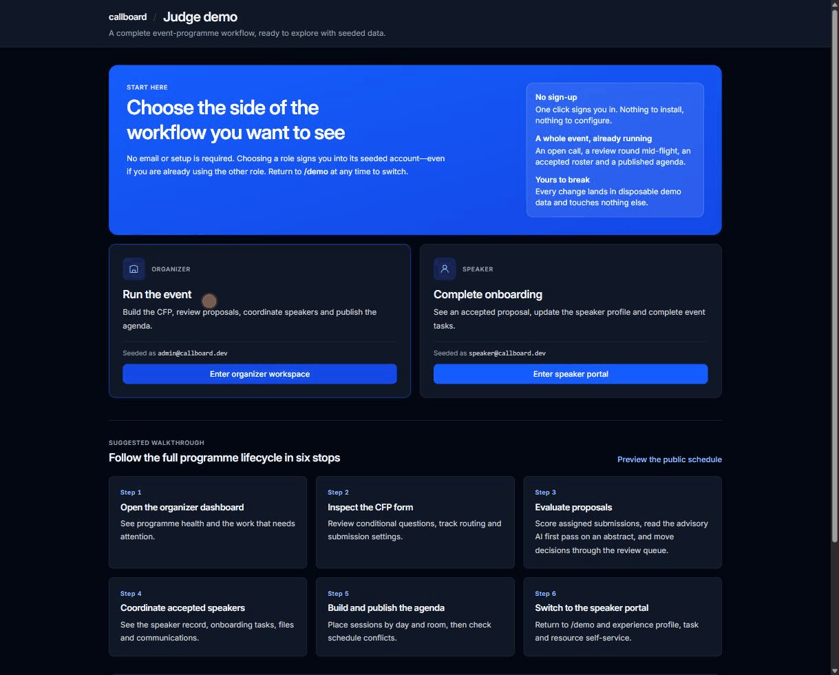 Screen recording of the Callboard agenda planner: a session is dragged from one room and time slot to another, and the resulting conflict is surfaced in the planner.