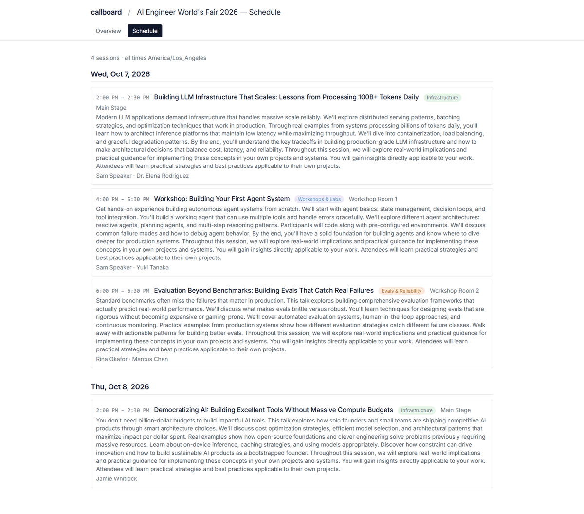 Callboard public schedule page listing sessions by day with times, tracks, rooms and full speaker names.