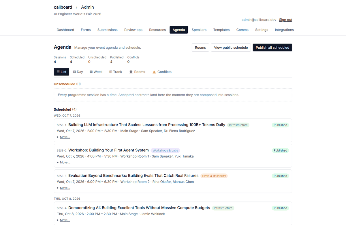 Callboard agenda planner showing sessions placed across rooms and times, with conflict visibility.